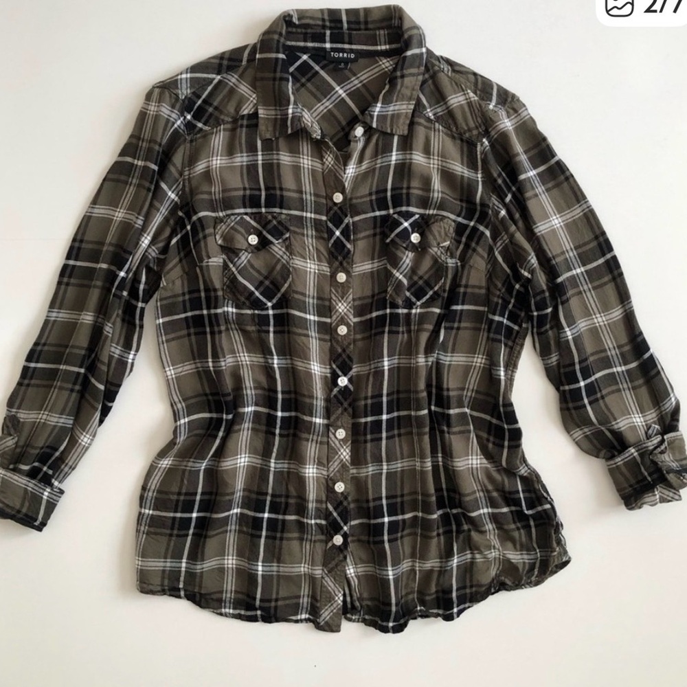 Torrid Olive Plaid Button Top Down Shirt - Picture 2 of 4
